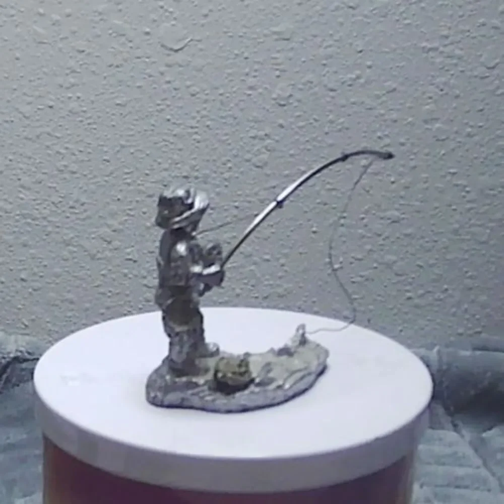 Vintage Pewter and Pyrite Sculpture Man Fly Fishing 2x2.5x1.25